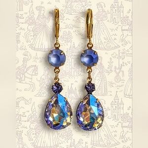Swarovski Tanzanite Sparkles and AB Drop Down Earrings in Yellow Gold